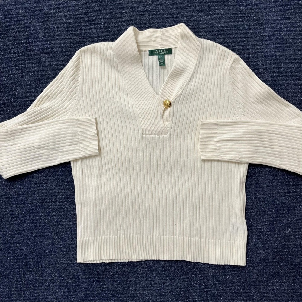 Lauren Ralph Lauren Sweater Womens Petite Large White Ribbed Shawl Collar Cotton